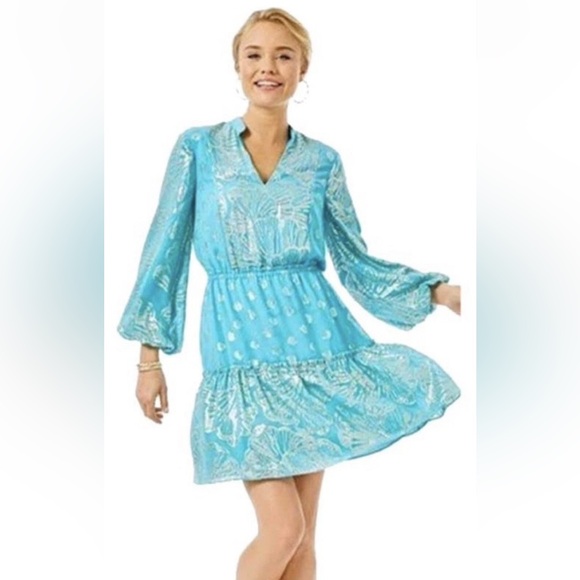 Lilly Pulitzer NWT Joella Silk Dress Sea Grass Metallic Clip Chiffon Size 6 - Picture 3 of 12